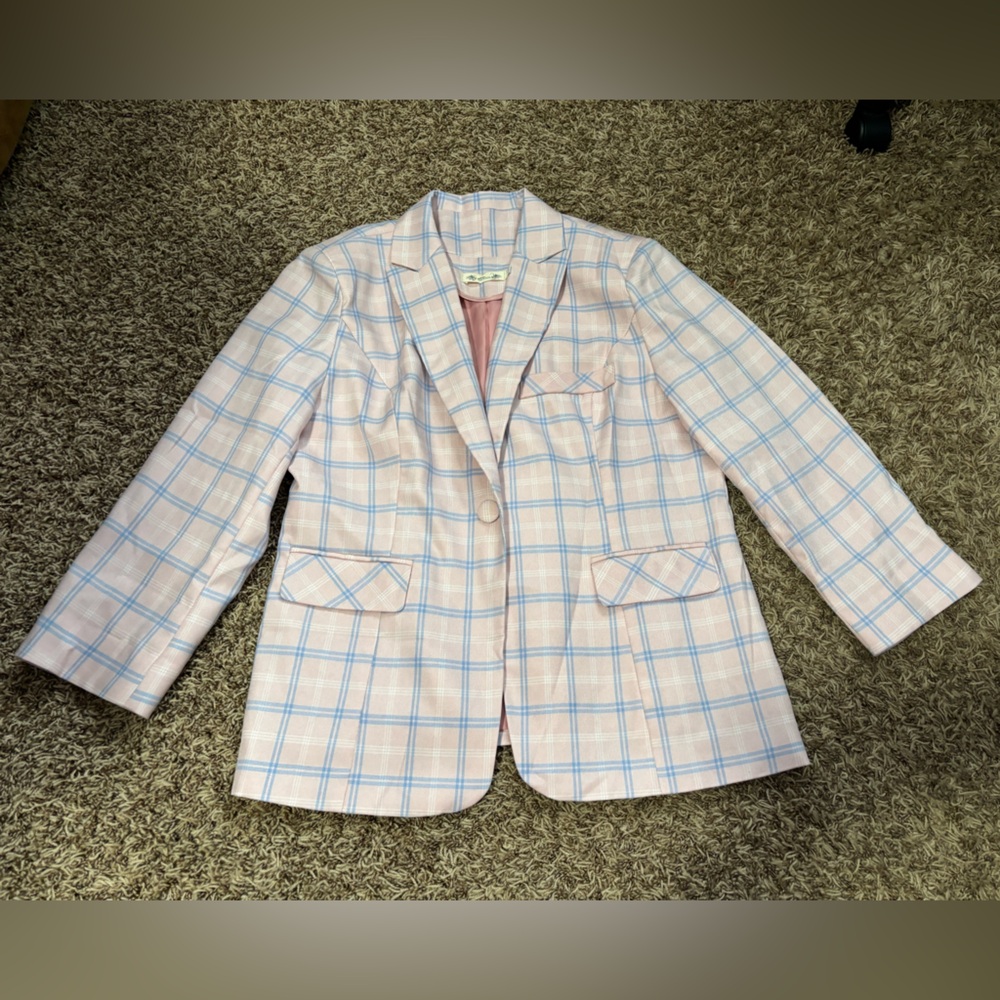 Modful Women’s One Button Blazer Pink Plaid Size Large